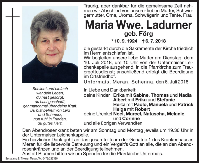  Traueranzeige für Maria Ladurner vom 07.07.2018 aus Dolomiten
