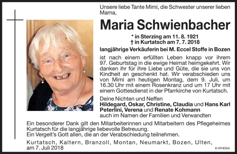  Traueranzeige für Maria Schwienbacher vom 09.07.2018 aus Dolomiten