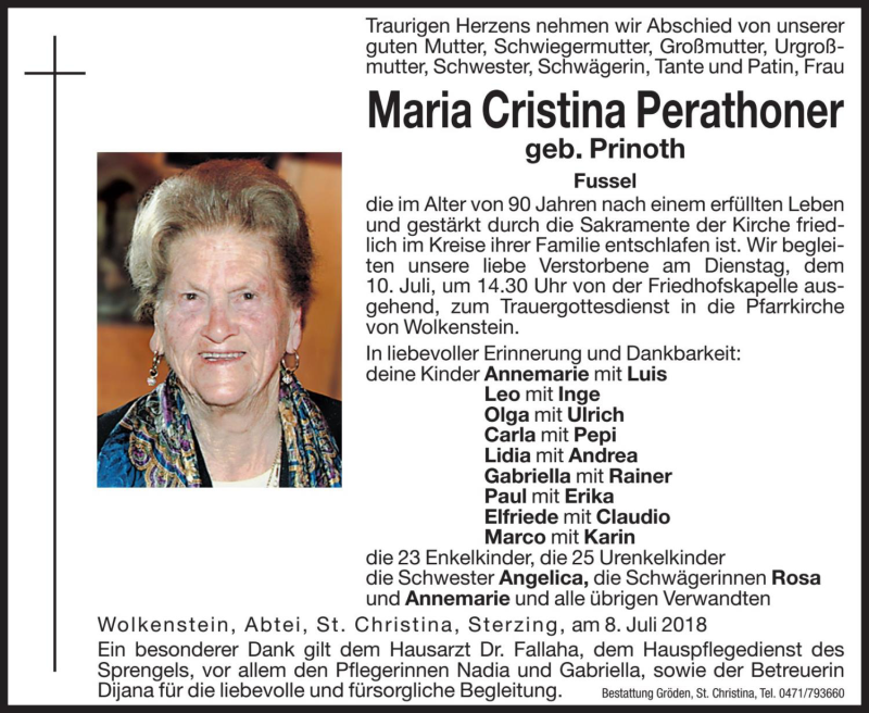  Traueranzeige für Maria Cristina Perathoner vom 10.07.2018 aus Dolomiten
