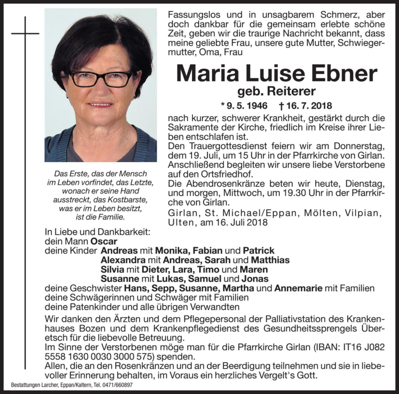  Traueranzeige für Maria Luise Ebner vom 17.07.2018 aus Dolomiten
