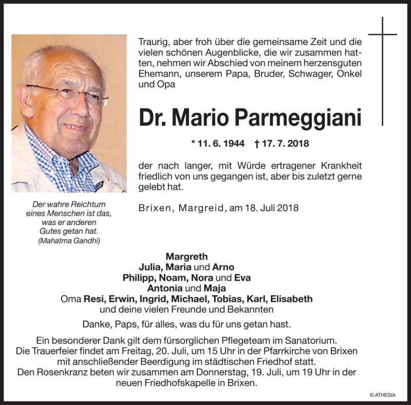  Traueranzeige für Mario Parmeggiani vom 19.07.2018 aus Dolomiten