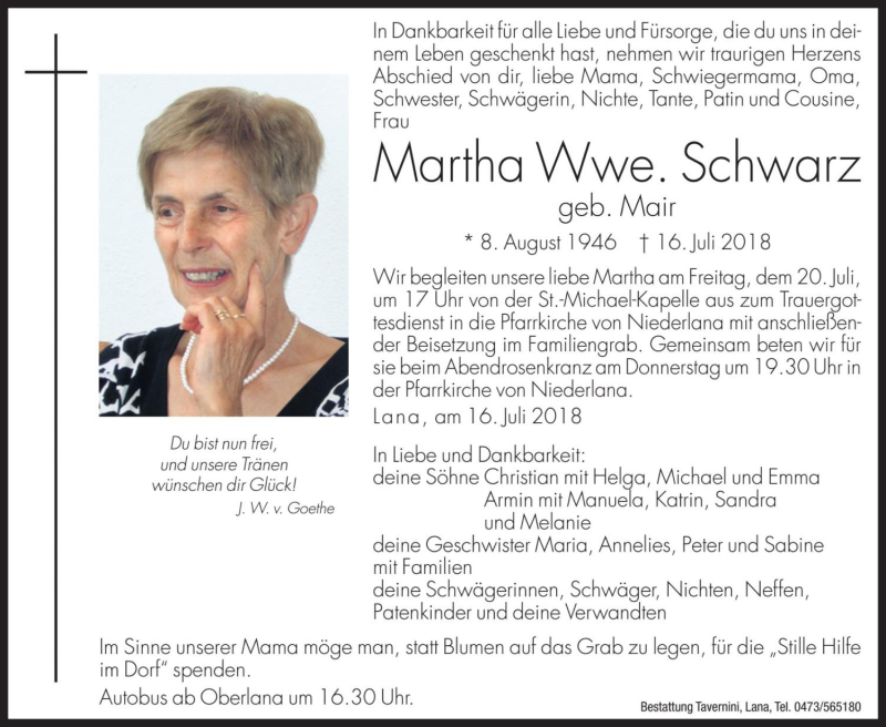  Traueranzeige für Martha Schwarz vom 18.07.2018 aus Dolomiten