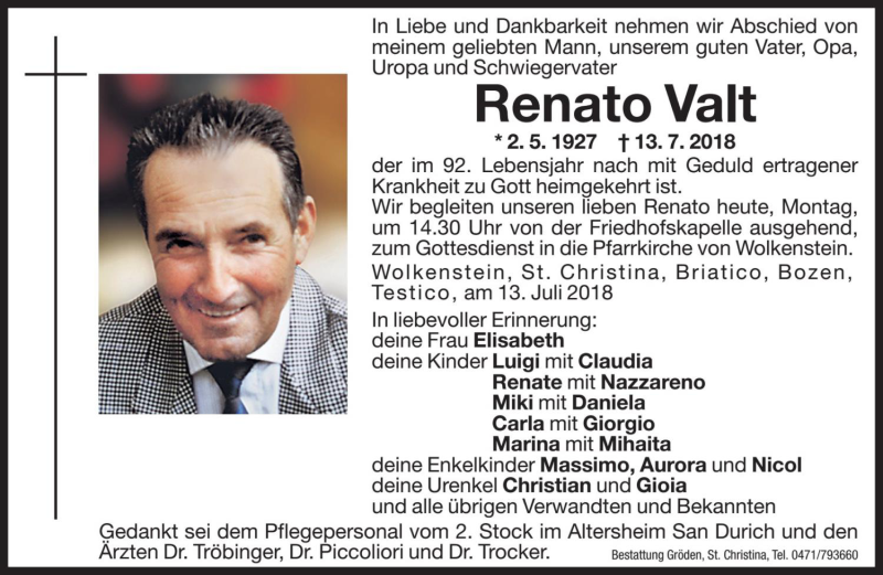  Traueranzeige für Renato Valt vom 16.07.2018 aus Dolomiten