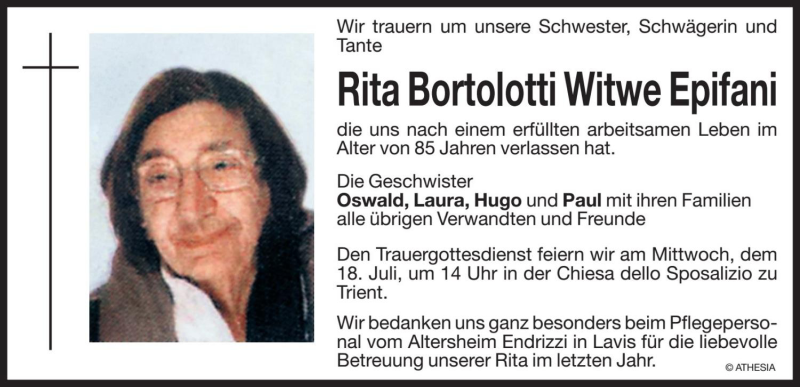 Traueranzeige für Rita Epifani vom 18.07.2018 aus Dolomiten