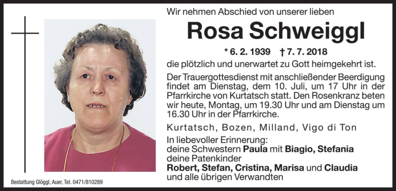  Traueranzeige für Rosa Schweiggl vom 09.07.2018 aus Dolomiten
