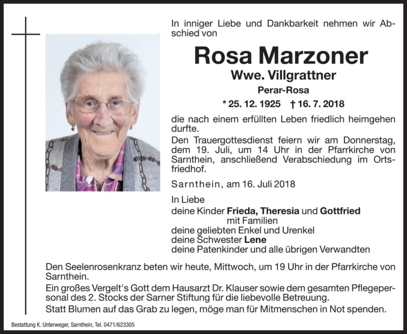  Traueranzeige für Rosa Villgrattner vom 18.07.2018 aus Dolomiten