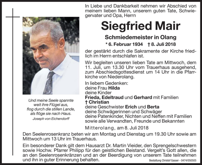  Traueranzeige für Siegfried Mair vom 09.07.2018 aus Dolomiten
