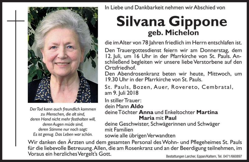  Traueranzeige für Silvana Gippone vom 11.07.2018 aus Dolomiten