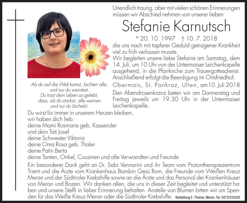  Traueranzeige für Stefanie Karnutsch vom 12.07.2018 aus Dolomiten