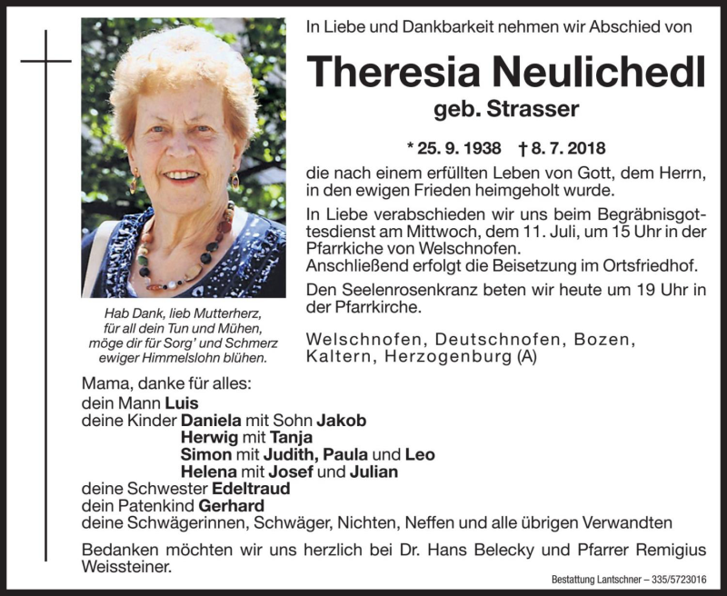 Traueranzeige für Theresia Neulichedl vom 10.07.2018 aus Dolomiten
