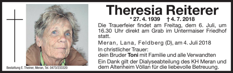  Traueranzeige für Theresia Reiterer vom 06.07.2018 aus Dolomiten