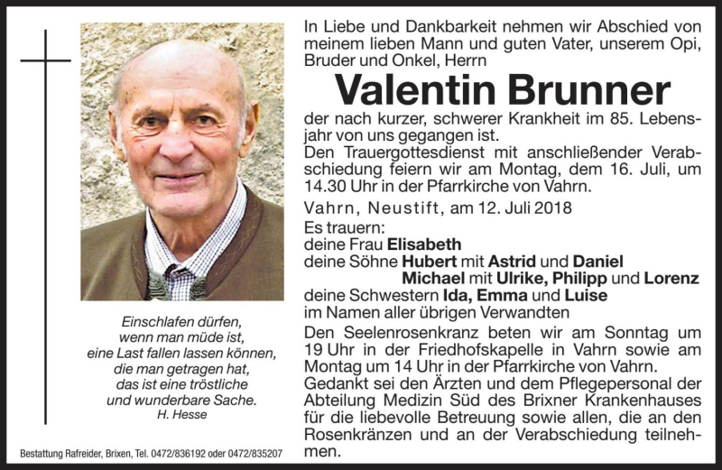  Traueranzeige für Valentin Brunner vom 14.07.2018 aus Dolomiten