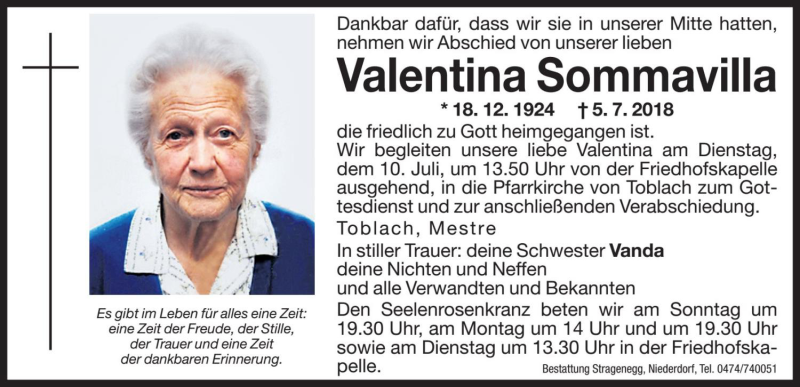  Traueranzeige für Valentina Sommavilla vom 07.07.2018 aus Dolomiten