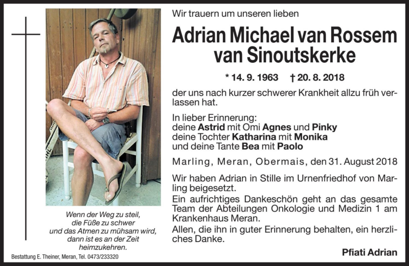  Traueranzeige für Adrian Michael van Rossem van Sinoutskerke vom 31.08.2018 aus Dolomiten