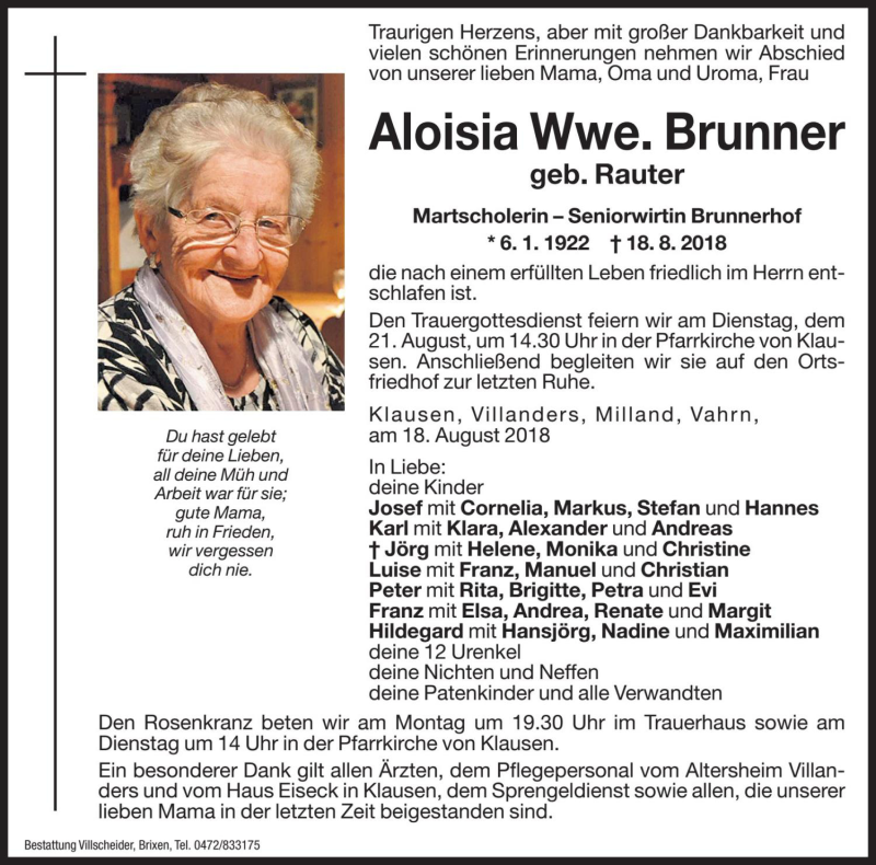  Traueranzeige für Aloisia Brunner vom 20.08.2018 aus Dolomiten