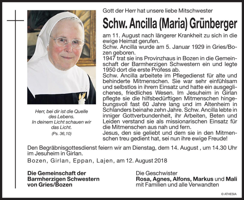  Traueranzeige für Ancilla Maria Grünberger vom 13.08.2018 aus Dolomiten