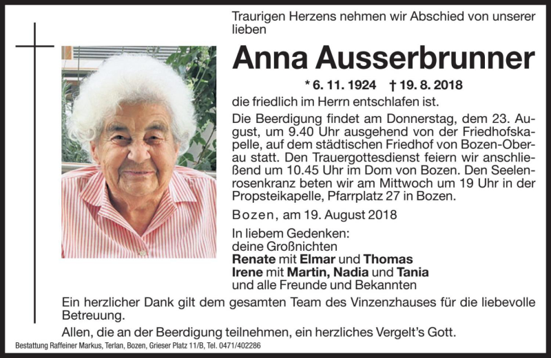  Traueranzeige für Anna Ausserbrunner vom 21.08.2018 aus Dolomiten