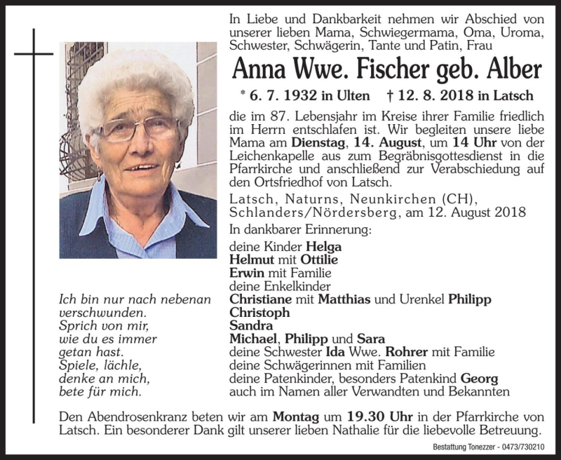  Traueranzeige für Anna Fischer vom 13.08.2018 aus Dolomiten