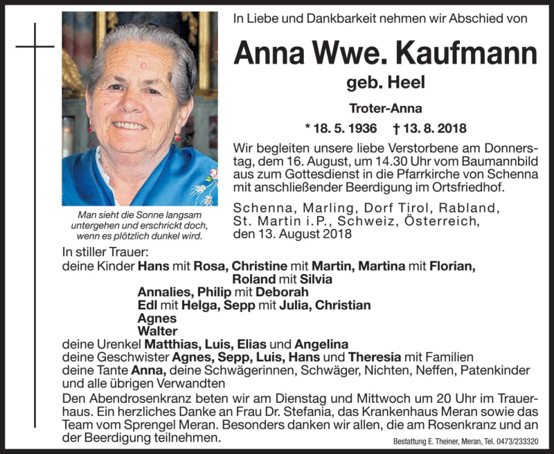  Traueranzeige für Anna Kaufmann vom 14.08.2018 aus Dolomiten