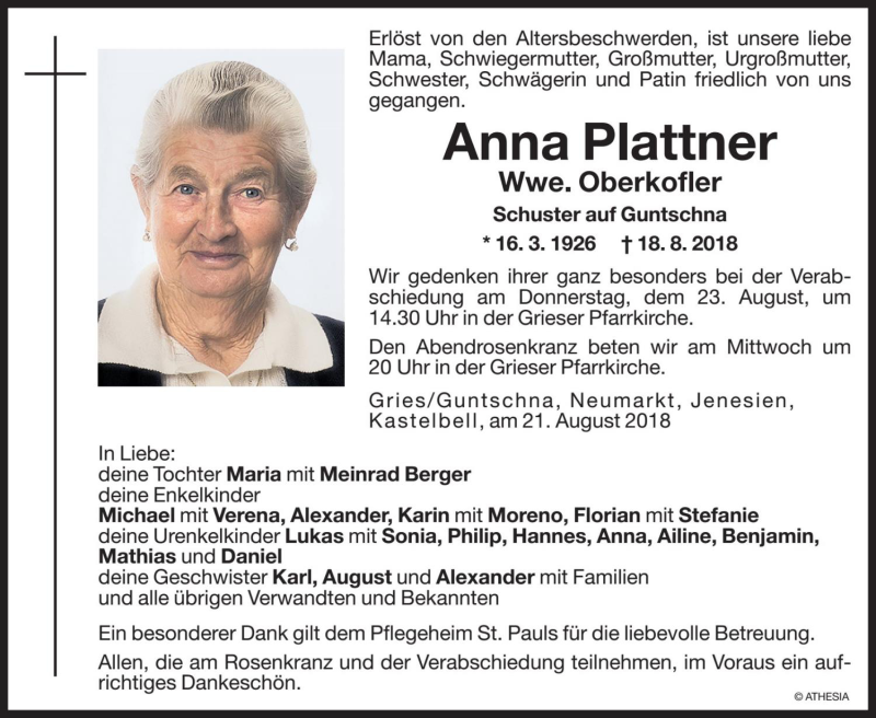  Traueranzeige für Anna Oberkofler vom 21.08.2018 aus Dolomiten