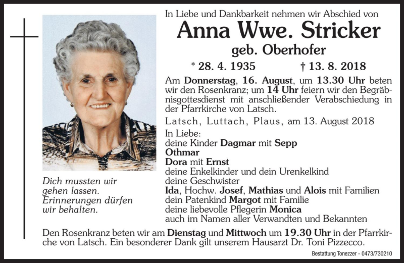  Traueranzeige für Anna Stricker vom 14.08.2018 aus Dolomiten