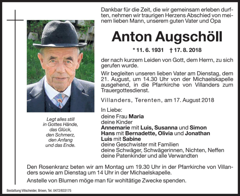  Traueranzeige für Anton Augschöll vom 20.08.2018 aus Dolomiten