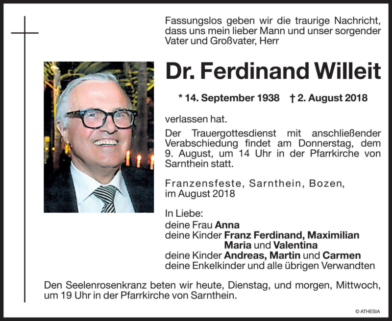  Traueranzeige für Ferdinand Willeit vom 07.08.2018 aus Dolomiten