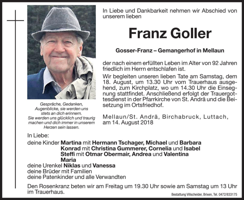  Traueranzeige für Franz Goller vom 17.08.2018 aus Dolomiten