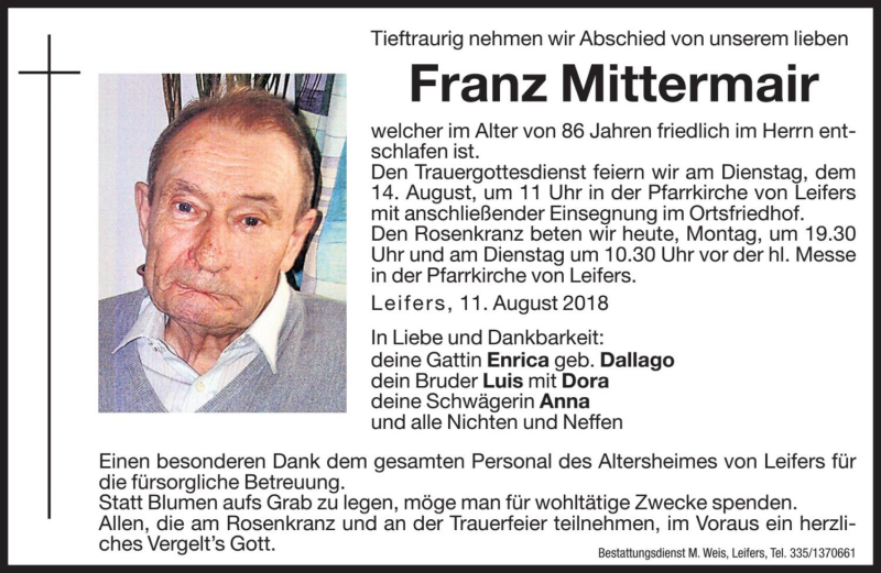  Traueranzeige für Franz Mittermair vom 13.08.2018 aus Dolomiten