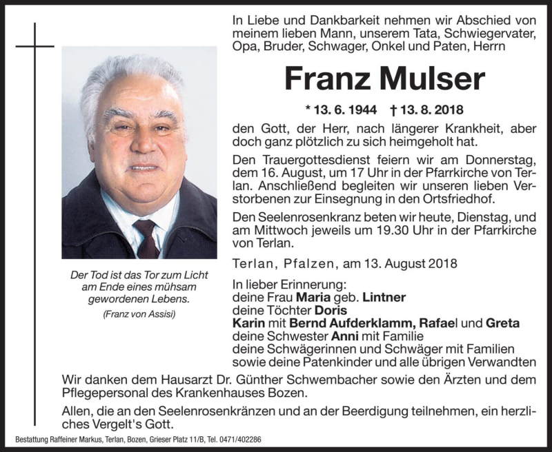  Traueranzeige für Franz Mulser vom 14.08.2018 aus Dolomiten