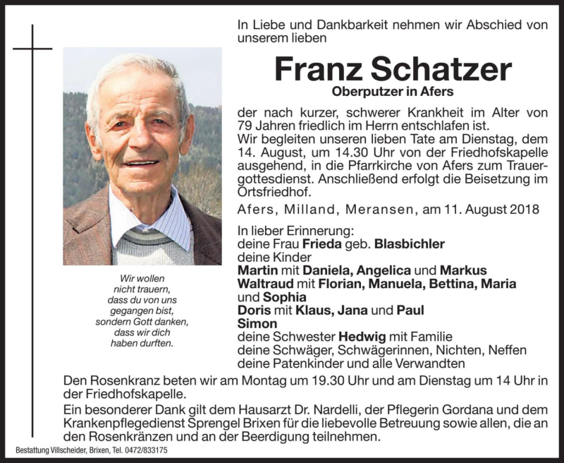  Traueranzeige für Franz Schatzer vom 13.08.2018 aus Dolomiten