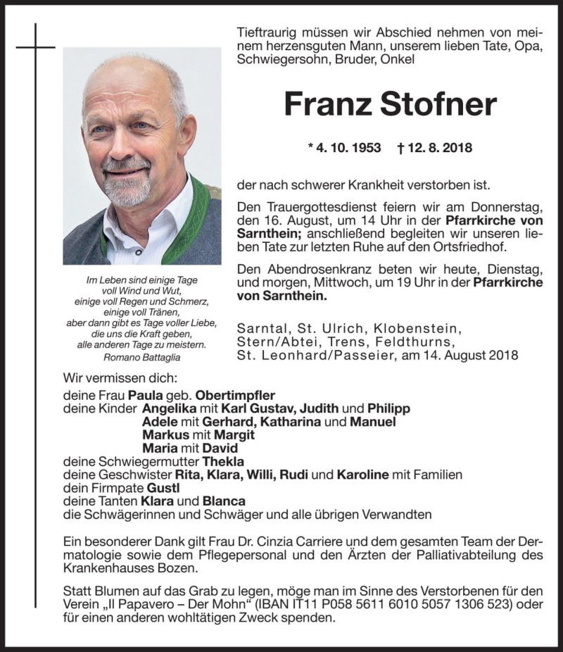  Traueranzeige für Franz Stofner vom 14.08.2018 aus Dolomiten