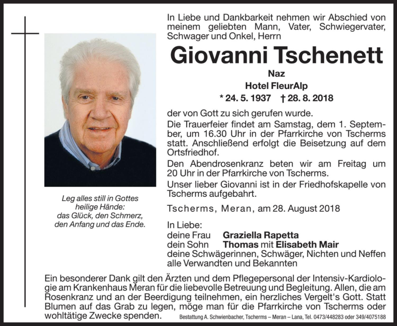  Traueranzeige für Giovanni Tschenett vom 30.08.2018 aus Dolomiten