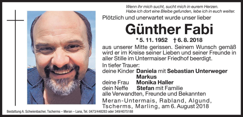  Traueranzeige für Günther Fabi vom 17.08.2018 aus Dolomiten