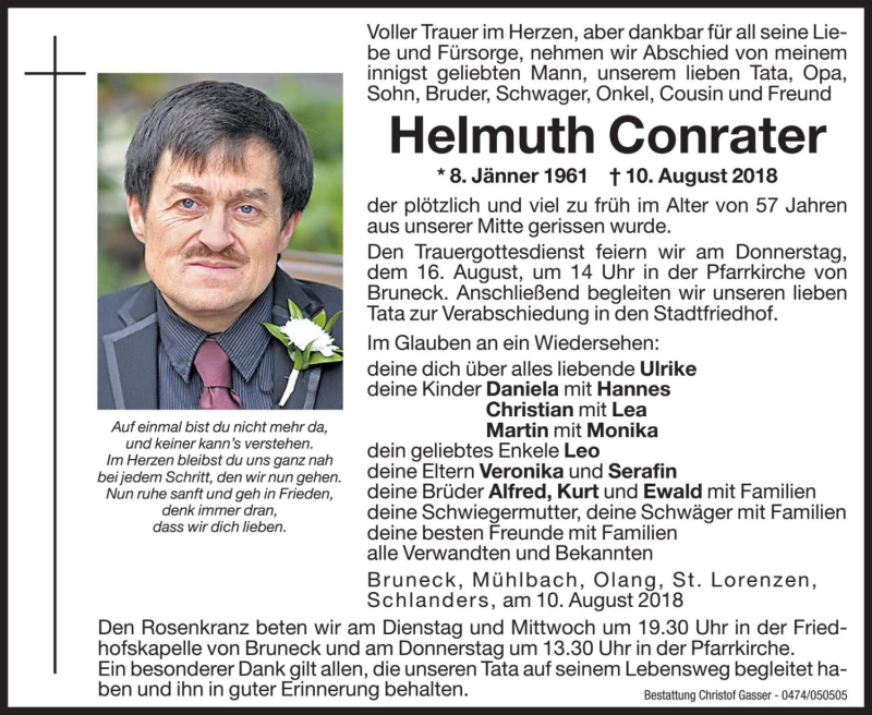  Traueranzeige für Helmuth Conrater vom 14.08.2018 aus Dolomiten