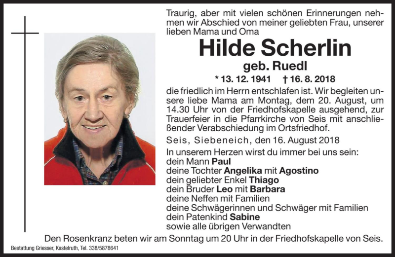  Traueranzeige für Hilde Scherlin vom 18.08.2018 aus Dolomiten