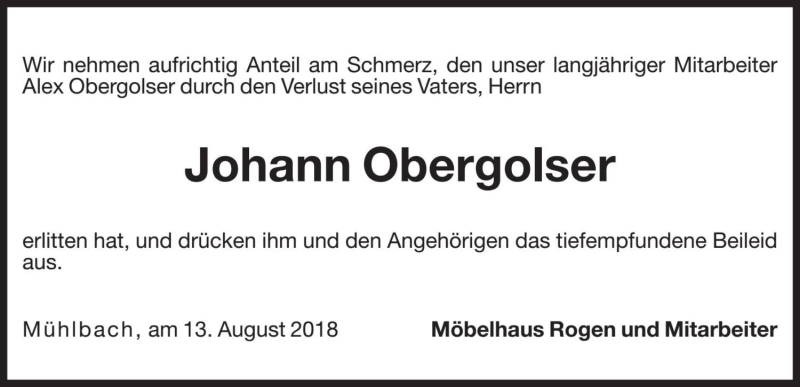  Traueranzeige für Johann Obergolser vom 13.08.2018 aus Dolomiten