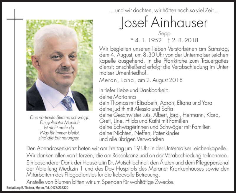  Traueranzeige für Josef Ainhauser vom 03.08.2018 aus Dolomiten