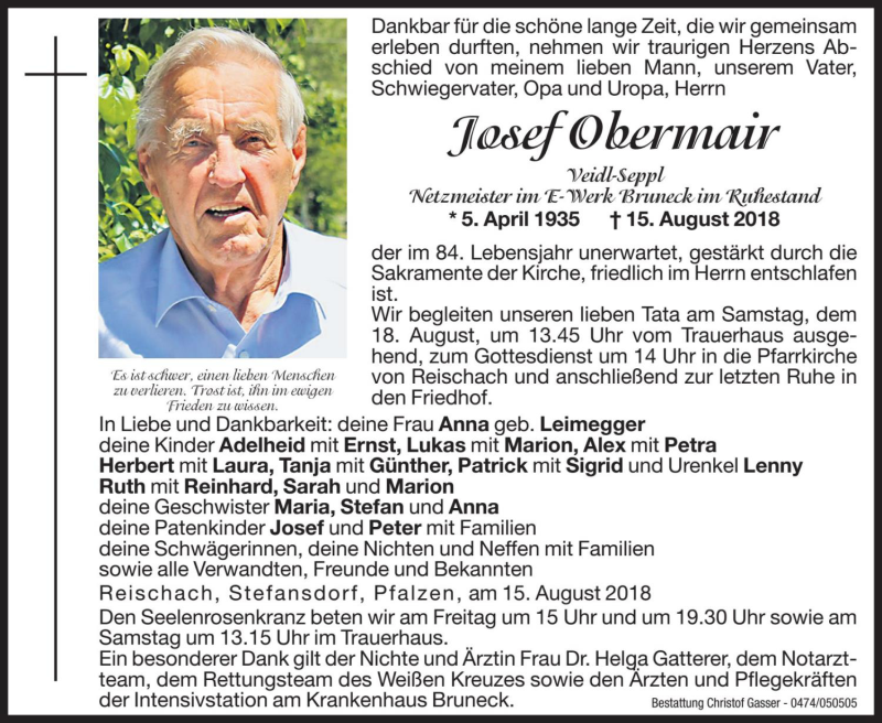  Traueranzeige für Josef Obermair vom 17.08.2018 aus Dolomiten