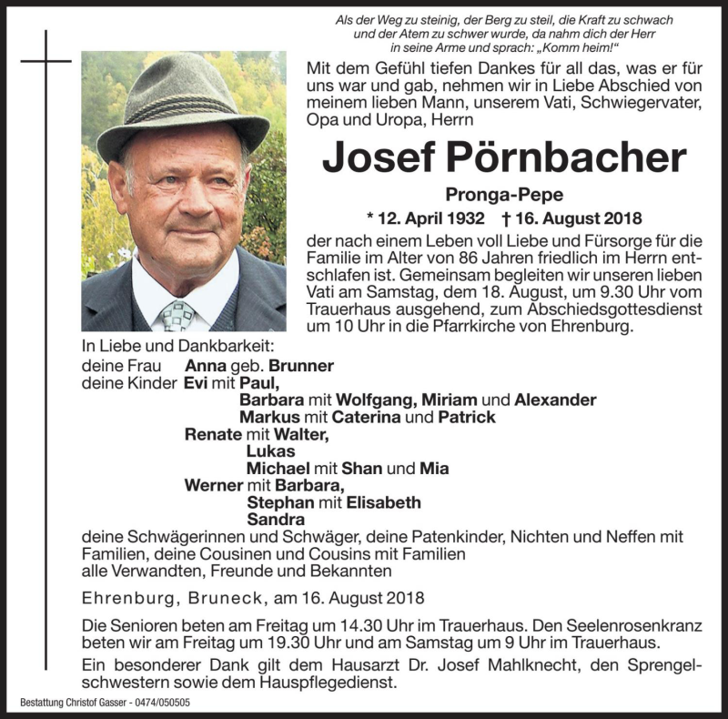  Traueranzeige für Josef Pörnbacher vom 17.08.2018 aus Dolomiten