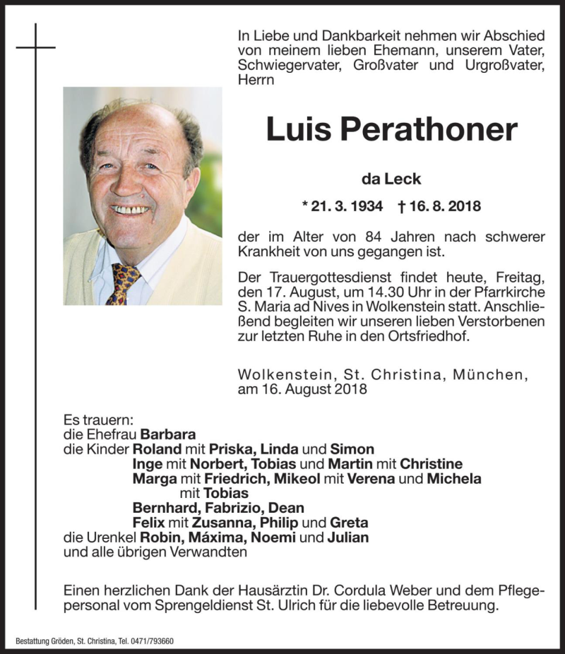  Traueranzeige für Luis Perathoner vom 17.08.2018 aus Dolomiten
