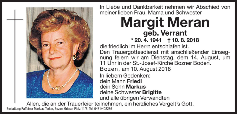  Traueranzeige für Margit Meran vom 13.08.2018 aus Dolomiten