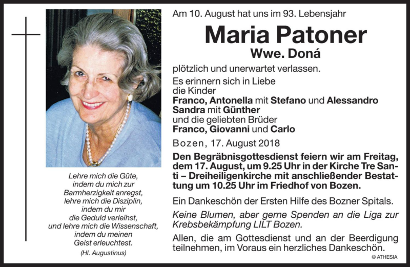  Traueranzeige für Maria Dona' vom 14.08.2018 aus Dolomiten