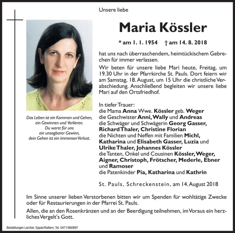  Traueranzeige für Maria Kössler vom 17.08.2018 aus Dolomiten