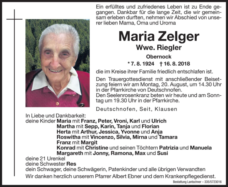  Traueranzeige für Maria Riegler vom 18.08.2018 aus Dolomiten