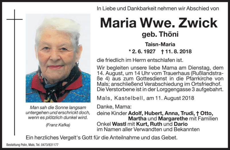  Traueranzeige für Maria Zwick vom 14.08.2018 aus Dolomiten