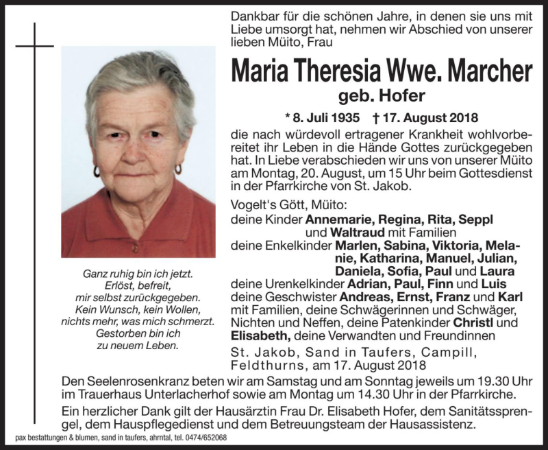  Traueranzeige für Maria Theresia Marcher vom 18.08.2018 aus Dolomiten