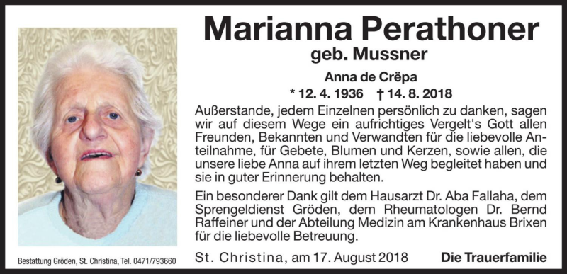  Traueranzeige für Marianna Perathoner vom 17.08.2018 aus Dolomiten