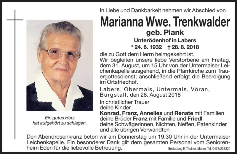  Traueranzeige für Marianna Trenkwalder vom 30.08.2018 aus Dolomiten