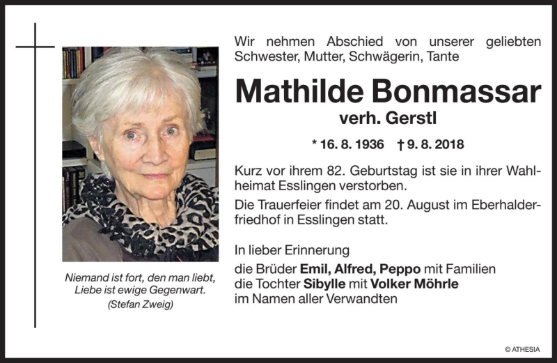  Traueranzeige für Mathilde Gerstl vom 18.08.2018 aus Dolomiten